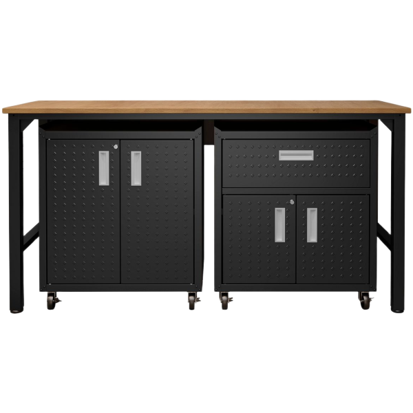 3-Piece Fortress Mobile Space-Saving Steel Garage Cabinet and Worktable 2.0 in Charcoal Grey
