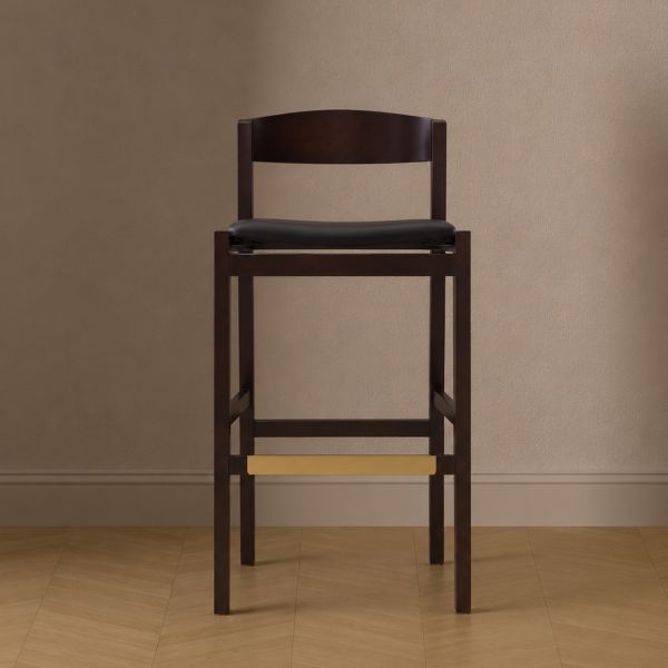 Klismos Wood Upholstered Barstool in Black