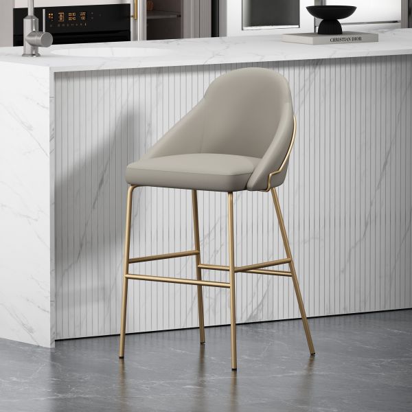 Gracie Metal Upholstered Barstool in Stone Grey and Gold