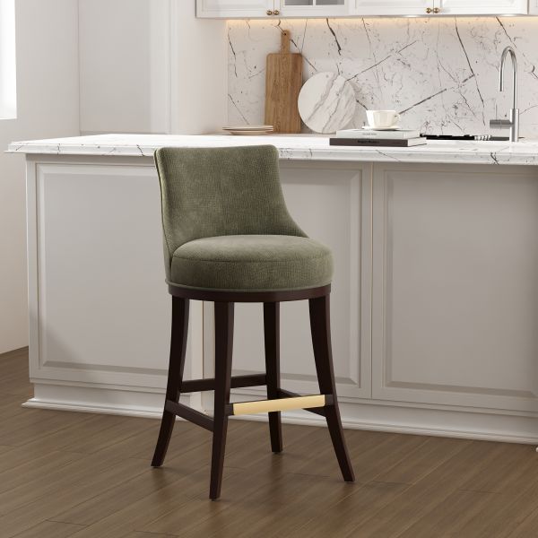 Lucia Wood Upholstered Chenille Barstool in Leaf Green
