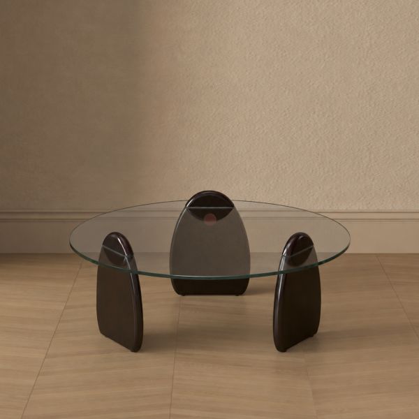 Artesia Glass Top Wood Coffee Table in Walnut