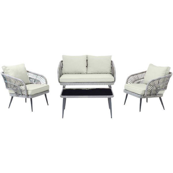 Riviera Rope Wicker 4-Piece 4 Seater Patio Conversation Set with Cushions in Cream