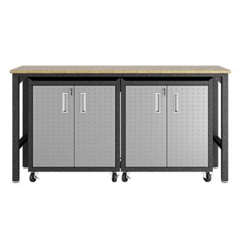 3-Piece Fortress Mobile Space-Saving Steel Garage Cabinet and Worktable 1.0 in Grey