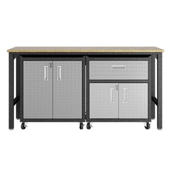 3-Piece Fortress Mobile Space-Saving Steel Garage Cabinet and Worktable 2.0 in Grey