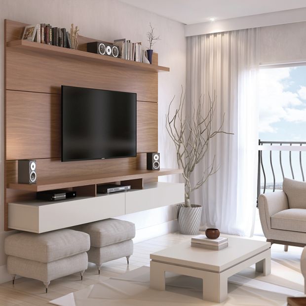 City 2.2 Floating Wall Theater Entertainment Center in Maple Cream and Off White