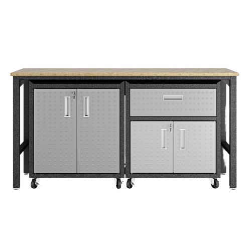3-Piece Fortress Mobile Space-Saving Steel Garage Cabinet and Worktable 2.0 in Grey