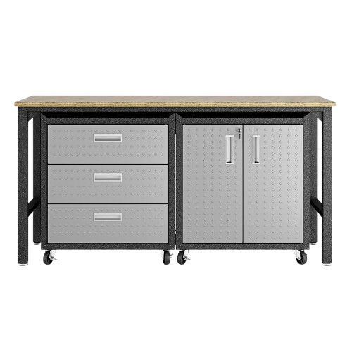 3-Piece Fortress Mobile Space-Saving Steel Garage Cabinet and Worktable 3.0 in Grey