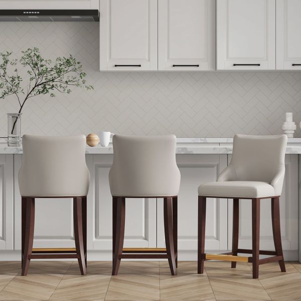 Modern Shubert Counter Stool Upholstered in Light Grey Leatherette with Beech Wood Legs - Set of 3