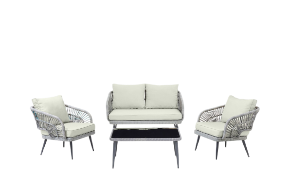 Riviera Rope Wicker 4-Piece 4 Seater Patio Conversation Set with Cushions in Cream